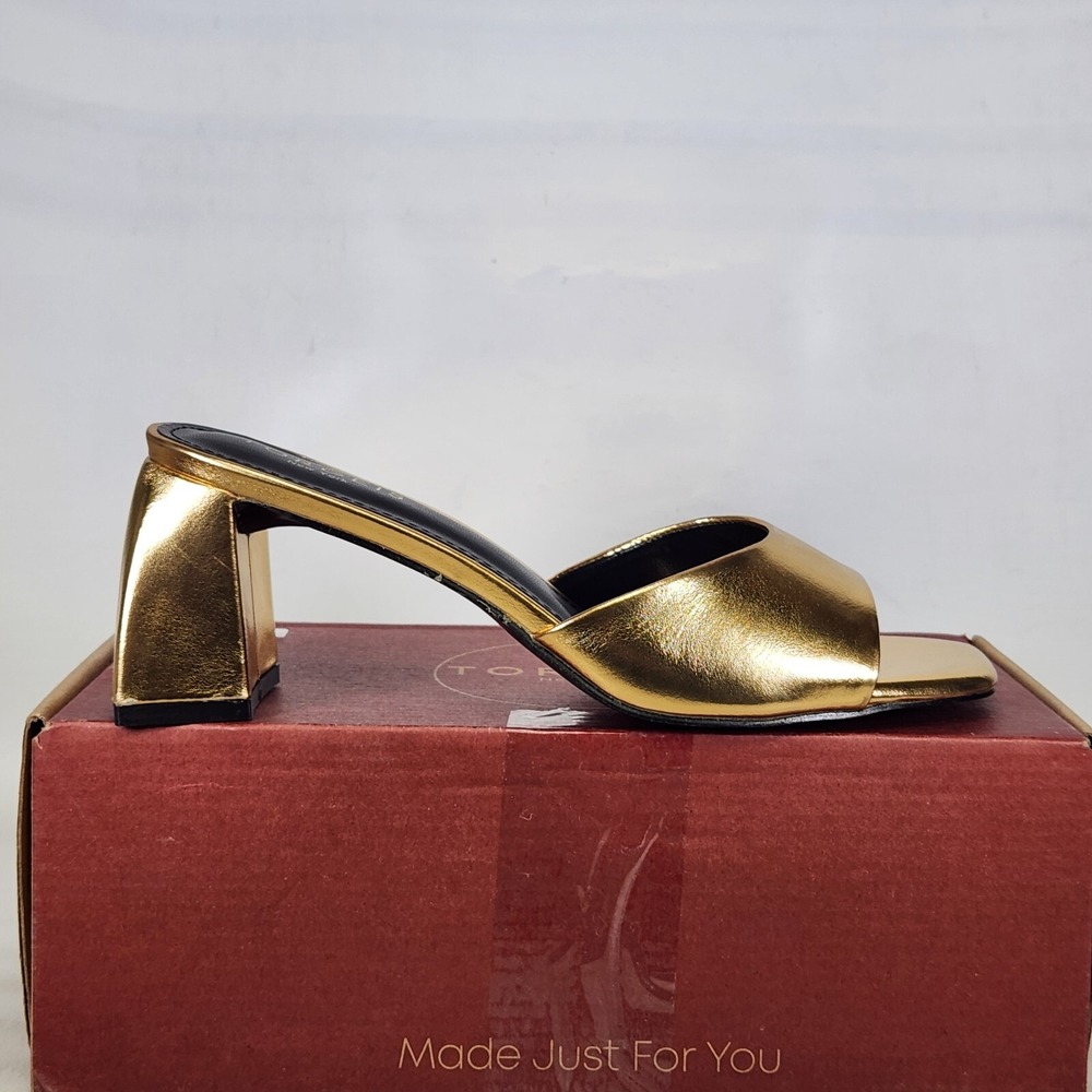 Torgeis Isadora Sandals Women Size 6.5 Gold Metallic Block Heel Mules